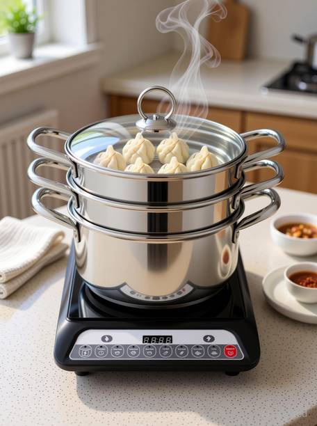 PRABHA Stainless Steel 3 Tier Steamer, Momos Maker with Glass Lid , Induction Base Stainless Steel Steamer