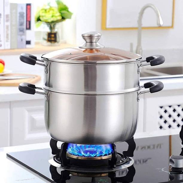 pinkparifashion Small ss boiler with lid 2 Tier Boiler Pot with Lid Stainless Steel Steamer