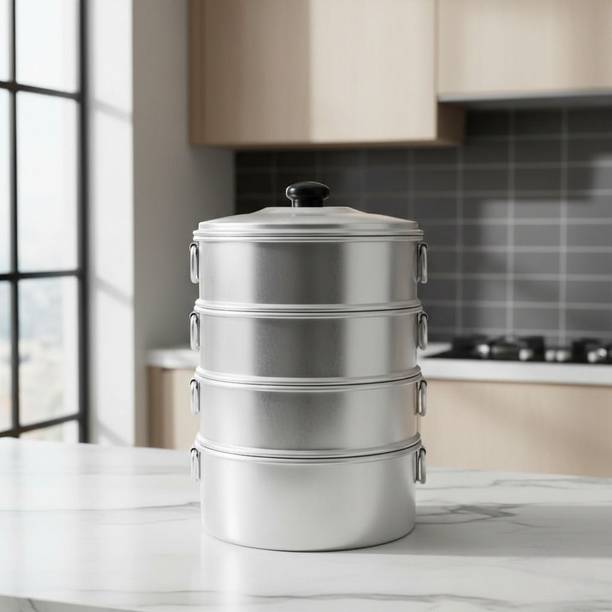 TambaVeda Aluminium Momo Steamer for Idli, Dhokla & Vegetables | 4 Tier Steaming Pot Aluminium Steamer