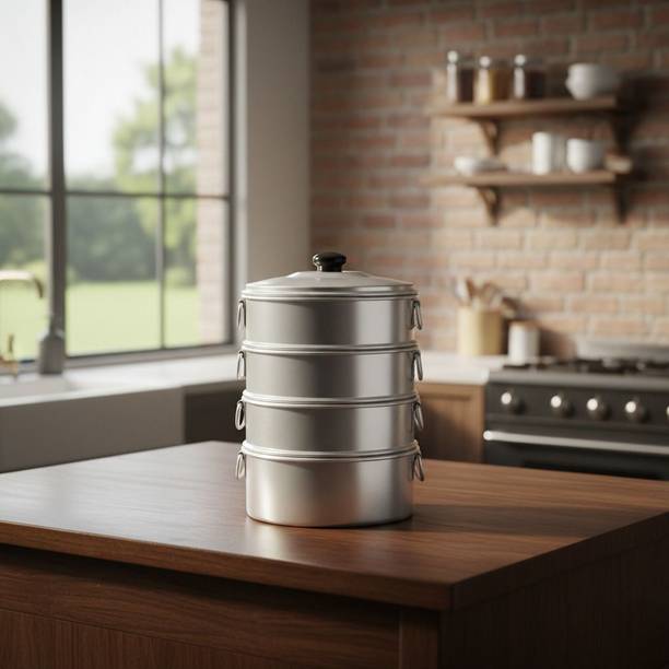 TambaVeda Aluminium Momo Steamer for Idli, Dhokla & Vegetables | 4 Tier Steaming Pot Aluminium Steamer