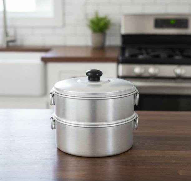 TambaVeda Aluminium Momo Steamer for Idli, Dhokla & Vegetables | 2 Tier Steaming Pot Aluminium Steamer