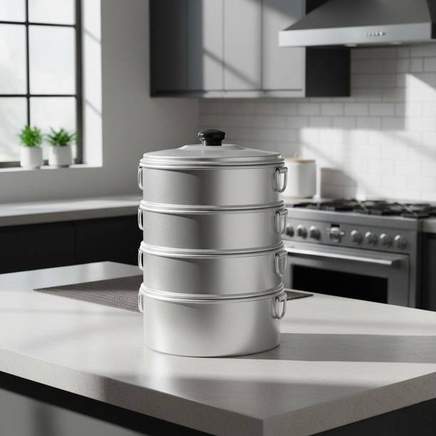 TambaVeda Aluminium Momo Steamer for Idli, Dhokla & Vegetables | 4 Tier Steaming Pot Aluminium Steamer