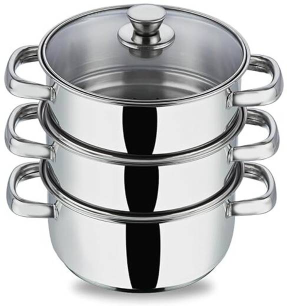 Vinod stainless steel 3 Tier Steamer 20 cm with Glass Lid Stainless Steel Steamer