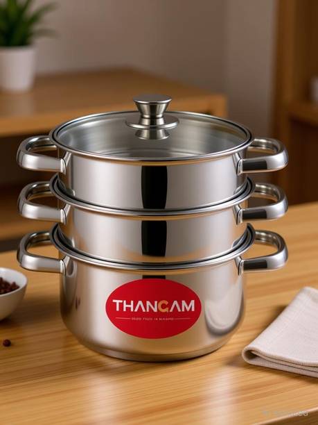 THANGAM Stainless Steel 3 Tier Steamer Pot 18cm Idli Dhokla Cooker Lid Induction Base Stainless Steel Steamer