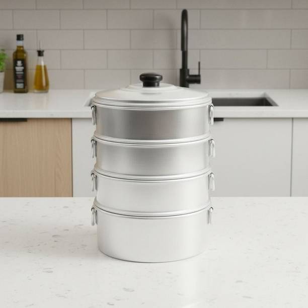 TambaVeda Aluminium Momo Steamer for Idli, Dhokla & Vegetables | 4 Tier Steaming Pot Aluminium Steamer