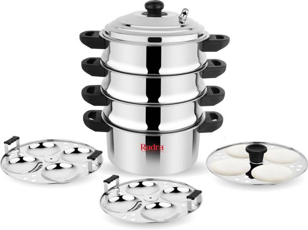 Rudra SS Idli Momo Multi Pot Steaming Set 8 Plates Induction base Deluxe 3 Tier Stainless Steel Steamer