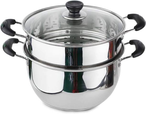 GOLKIPAR Stainless Steel Induction Bottom 2 Tier Boiling Pot with Lid and Steamer 26 CM Stainless Steel Steamer