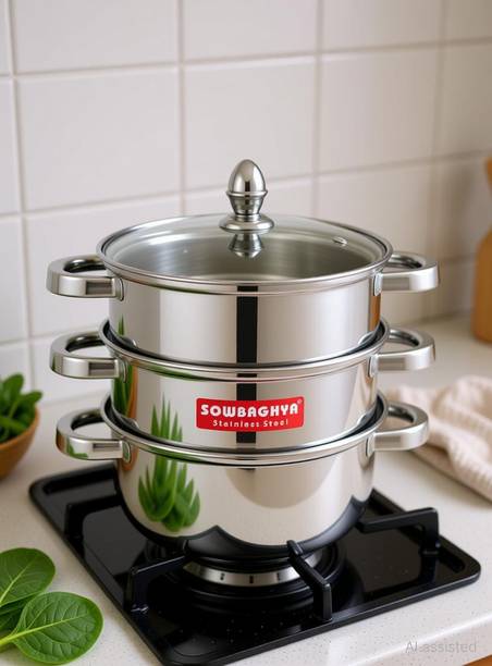 Sowbaghya Sowbaghya 3Tier Steamer with Glass Lid (Induction Bottom) 18cm Dia - Stainless Steel Steamer