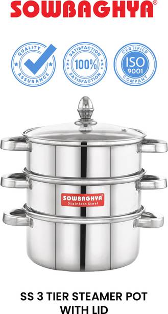 Sowbaghya Sowbaghya 3Tier Steamer with Glass Lid (Induction Bottom) 18cm Dia - Stainless Steel Steamer