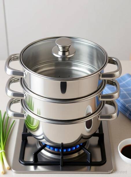VINOD Stainless Steel Steamer 3 Tier with Glass Lid 20 cm,2.5 mm,Momos,Modak Maker Stainless Steel Steamer