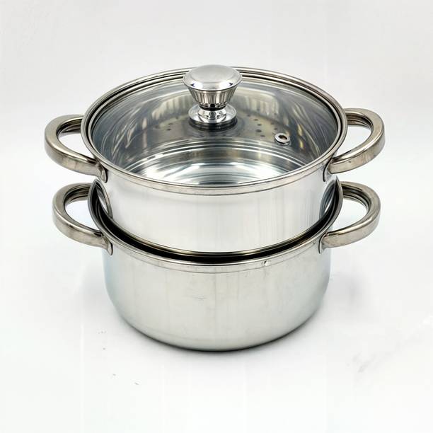 MAMOIR ® 2 Tier with Glass Lid 20 cm | 2.5 mm Thick Base | Multi Purpose Stainless Steel Steamer