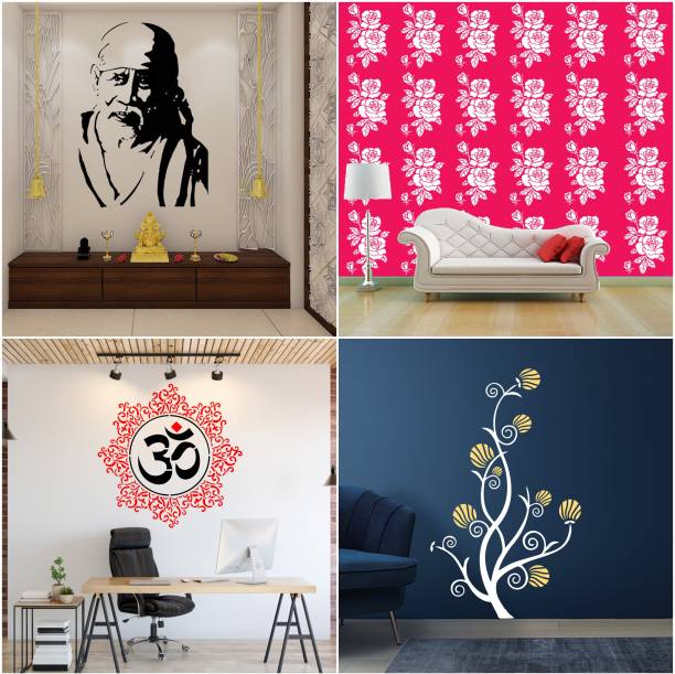 JAZZIKA Combo Stencils for wall painting (Size:- 16 X 24 Inch) Theme- "Sai Baba Ji", "Rose Flower", "Om Mandala", "Blossom Tree" Design Suitable For Painting Home Wall Decor Stencil