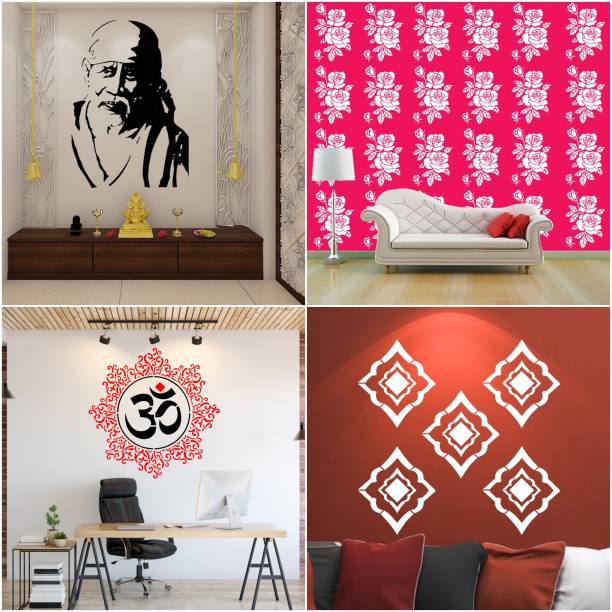 JAZZIKA Combo Stencils for wall painting (Size:- 16 X 24 Inch) Theme- "Sai Baba Ji", "Rose Flower", "Om Mandala", "Rajasthani Squaredec" Design Suitable For Painting Home Wall Decor Stencil