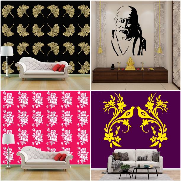 JAZZIKA Combo Stencils for wall painting (Size:- 16 X 24 Inch) Theme-" Grasp Floret " "Sai Baba Ji", "Rose Flower", "Talking Bird" Design Suitable For Painting Home Wall Decor Stencil