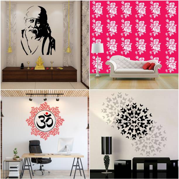 JAZZIKA Combo Stencils for wall painting (Size:- 16 X 24 Inch) Theme- "Sai Baba Ji", "Rose Flower", "Om Mandala", "Butterfly World" Design Suitable For Painting Home Wall Decor Stencil