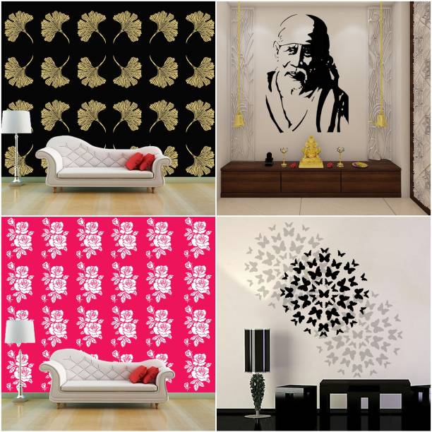 JAZZIKA Combo Stencils for wall painting (Size:- 16 X 24 Inch) Theme- "Grasp Floret", "Sai Baba Ji", "Rose Flower", "Butterfly World" Design Suitable For Painting Home Wall Decor Stencil