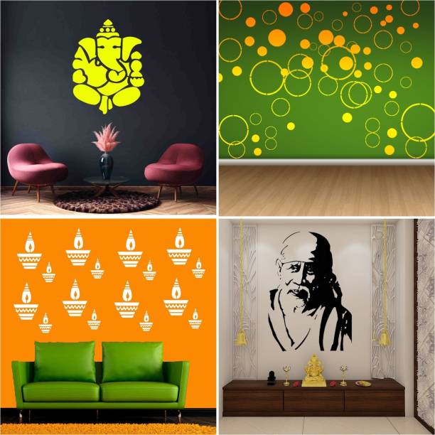 JAZZIKA Combo Stencils for wall painting (Size:- 16 X 24 Inch) Theme-Ganpati Ji", "World of Circle", "Diya", "Sai Baba Ji" Design Suitable For Painting Home Wall Decor Stencil