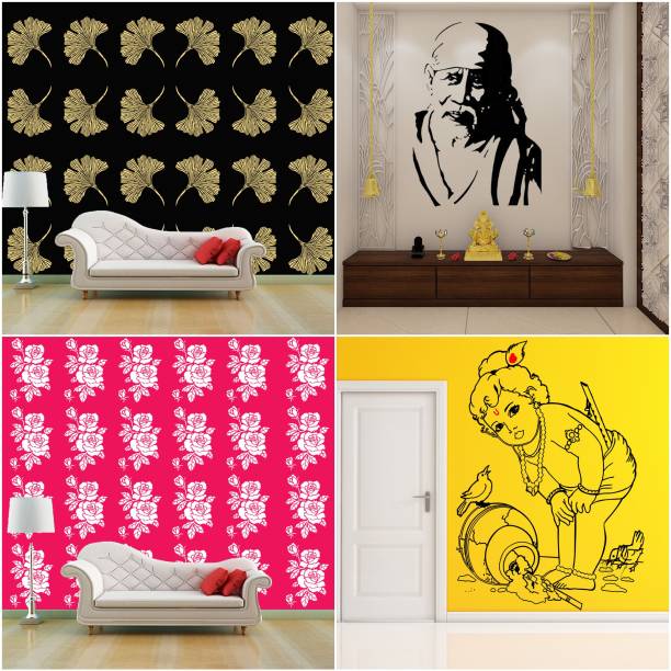 JAZZIKA Combo Stencils for wall painting (Size:- 16 X 24 Inch) Theme-"Grasp Floret", "Sai Baba Ji", "Rose Flower", "Mischievous Kanha" Design Suitable For Painting Home Wall Decor Stencil