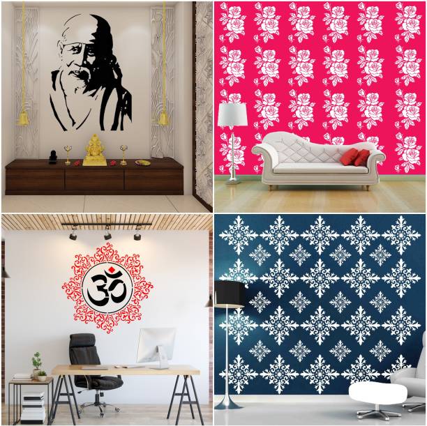 JAZZIKA Combo Stencils for wall painting (Size:- 16 X 24 Inch) Theme-"Sai Baba" "Rose Flower", "Om Mandala", "Rhombus" Design Ideal For Painting Home Wall Decor Stencil