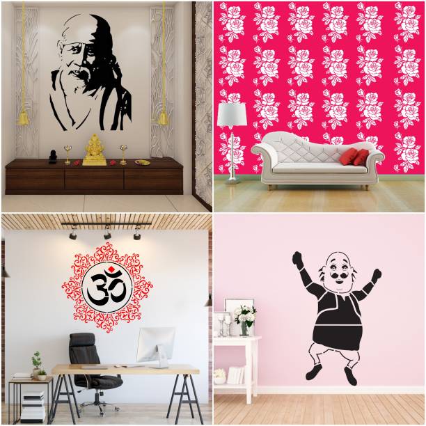 JAZZIKA Combo Stencils for wall painting (Size:- 16 X 24 Inch) Theme- "Sai Baba Ji", "Rose Flower", "Om Mandala", "Motu Cartoon" Design Ideal For Painting Home Wall Decor Stencil