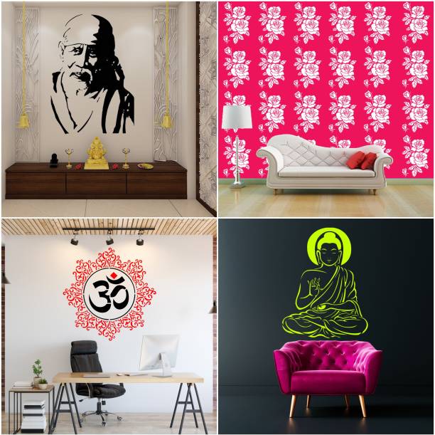 JAZZIKA Combo Stencils for wall painting (Size:- 16 X 24 Inch) Theme-"Sai Baba Ji", "Rose Flower", "Om Mandala", "Buddha Ji" Design Ideal For Painting Home Wall Decor Stencil