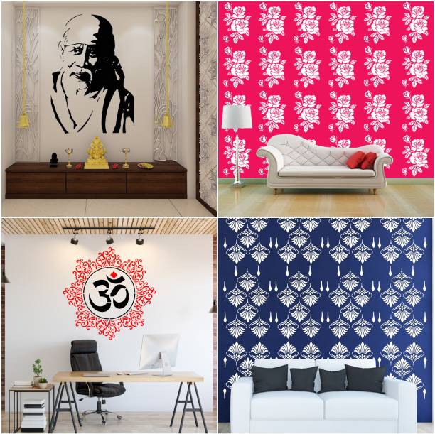 JAZZIKA Combo Stencils for wall painting (Size:- 16 X 24 Inch) Theme- "Sai Baba Ji", "Rose Flower", "Om Mandala", "Ancient Damask" Design Suitable For Painting Home Wall Decor Stencil