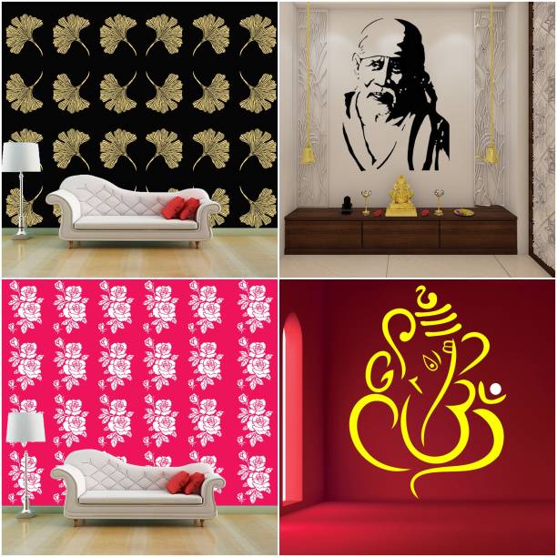 JAZZIKA Combo Stencils for wall painting (Size:- 16 X 24 Inch) Theme- "Grasp Floret", "Sai Baba Ji", "Rose Flower", "Om Ganeshay" Design Ideal For Painting Home Wall Decor Stencil