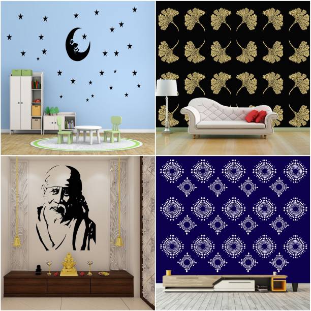 ARandNJ Painting Wall Stencils (Size :- 16 X 24 Inch) PATTERN- "Stars With Moon", "Grasp Floret", "Sai Baba Ji", "Catchy Floret" Design Ideal For Home Wall Decor Stencil