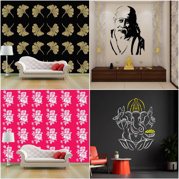 JAZZIKA Combo Stencils for wall painting (Size:- 16 X 24 Inch) Theme- "Grasp Floret", "Sai Baba Ji", "Rose Flower", "Gajanana Ji" Design Ideal For Painting Home Wall Decor Stencil