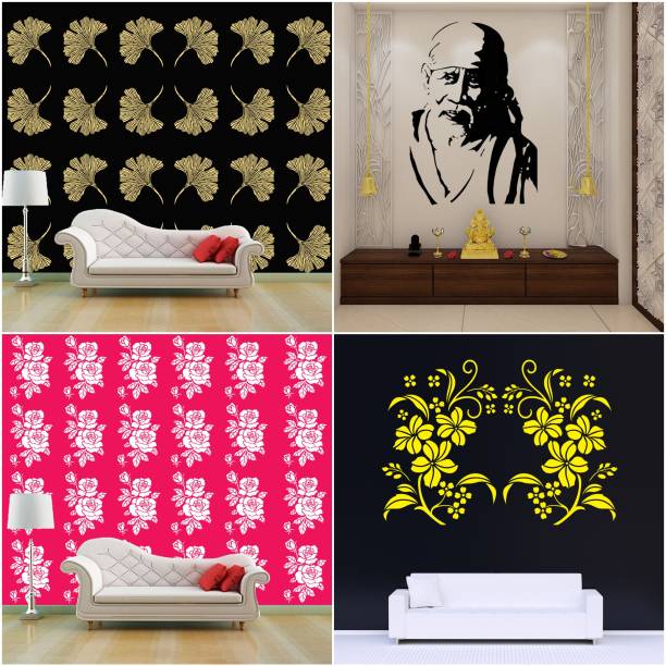 JAZZIKA Combo Stencils for wall painting (Size:- 16 X 24 Inch) Theme-"Grasp Floret", "Sai Baba Ji", "Rose Flower", "Beautiful Flower" Design Suitable For Painting Home Wall Decor Stencil