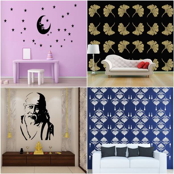 ARandNJ Painting Wall Stencils (Size :- 16 X 24 Inch) PATTERN- "Stars With Moon", "Grasp Floret", "Sai Baba Ji", "Ancient Damask" Design Suitable For Home Wall Decor Stencil