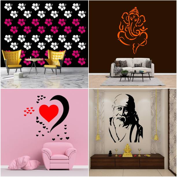 JAZZIKA Combo Stencils for wall painting (Size:- 16 X 24 Inch) Theme- "Twin Hibiscus", "Ganesha Ji", "Love Heart", "Sai Baba Ji" Design Suitable For Painting Home Wall Decor Stencil