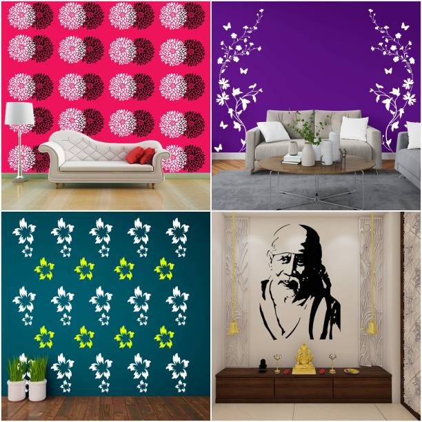 JAZZIKA Combo Stencils for wall painting (Size:- 16X24 Inch) Theme- Chased Dahlia Floral "Tempting Floral", "Cherry Blossom", "Sai Baba Ji" Design Suitable For Painting Home Wall Decor Stencil