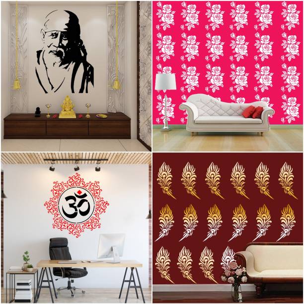 JAZZIKA Combo Stencils for wall painting (Size:- 16 X 24 Inch) Theme-"Sai Baba Ji", "Rose Flower", "Om Mandala", "Mayuri Feather" Design Suitable For Painting Home Wall Decor Stencil