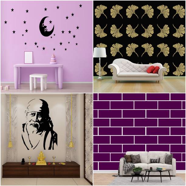 JAZZIKA Combo Stencils for wall painting (Size:- 16 X 24 Inch) Theme- "Stars With Moon", "Grasp Floret", "Sai Baba Ji", "Bricks" Design Ideal For Painting Home Wall Decor Stencil
