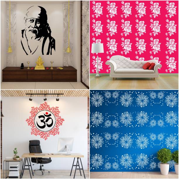 JAZZIKA Combo Stencils for wall painting (Size:- 16 X 24 Inch) Theme- "Sai Baba Ji", "Rose Flower", "Om Mandala", "Fireworks Art" Design Suitable For Painting Home Wall Decor Stencil