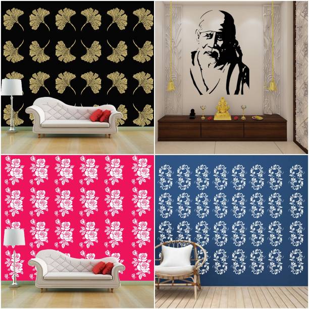 JAZZIKA Combo Stencils for wall painting (Size:- 16 X 24 Inch) Theme-"Grasp Floret", "Sai Baba Ji", "Rose Flower", "Tendril Leaf" Design Suitable For Painting Home Wall Decor Stencil