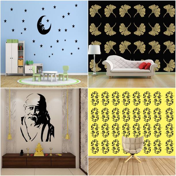 ARandNJ Painting Wall Stencils (Size :- 16 X 24 Inch) PATTERN- "Stars With Moon", "Grasp Floret", "Sai Baba Ji", "Tendril Leaf" Design Suitable For Home Wall Decor Stencil