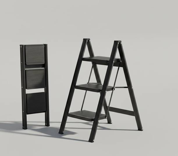 JIALTO 3 Step Foldable Metal Ladder Anti Slip Heavy Duty Stool Black Steel Ladder