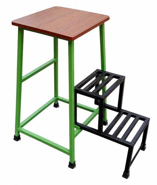 BHOLESON Heavy Duty Foldable Footrest Stool with Wooden Top| Space Saving Folding Design Steel Ladder