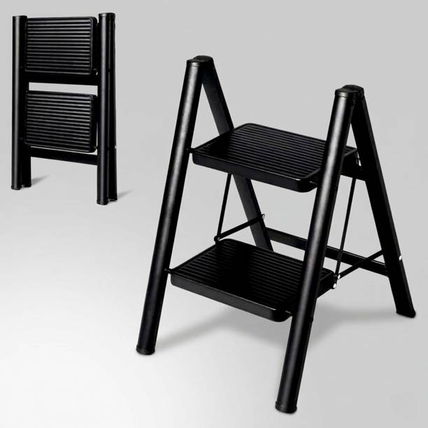 JIALTO 2 Step Foldable Metal Ladder Anti Slip Heavy Duty Stool Black Steel Ladder