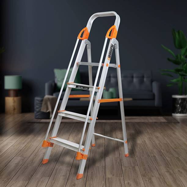 SKP FACTORY Fully Aluminium Foldable 4-Step Ladder with Safe Hand Rail (Orange) Aluminium Ladder