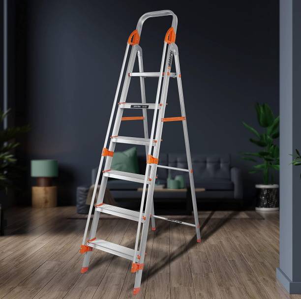 Plantex Secura Fully Aluminium Foldable 6-Step Ladder with Safe Hand Rail(Orange-Silver) Aluminium Ladder