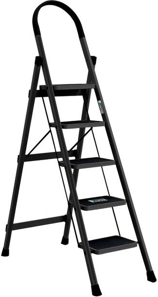 SMART SLIDE Foldable 5-Step for Home Wide Anti Skid Step Black Steel Ladder