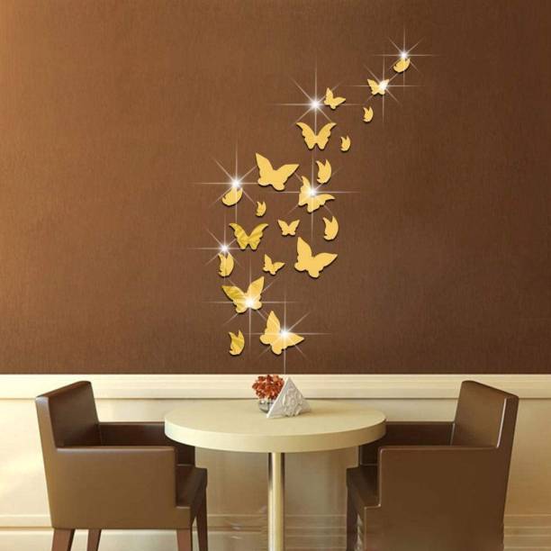WallBerry 90 cm Golden Butterfly Crystal Acrylic Mirror Wall Sticker Self Adhesive Sticker
