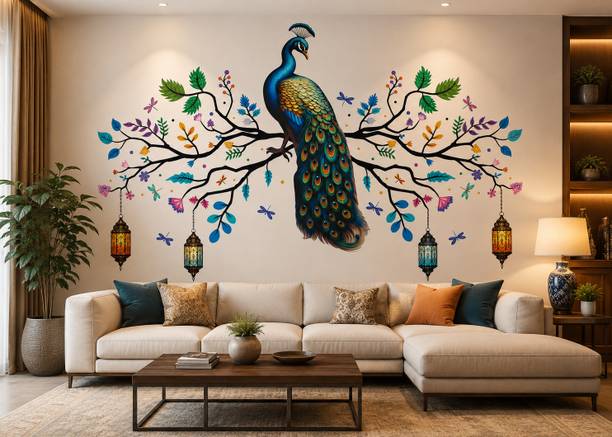 Divine studio 80 cm Peacock Wall Sticker Design for Living Room & Bedroom Size: 80x50 cm Self Adhesive Sticker