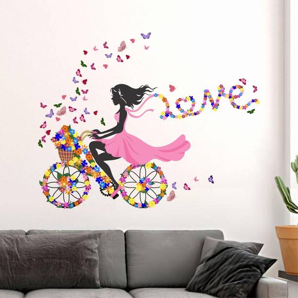 rawpockets 115 cm Girl On Bicycle With Butterfly And Love Birds Self Adhesive Sticker