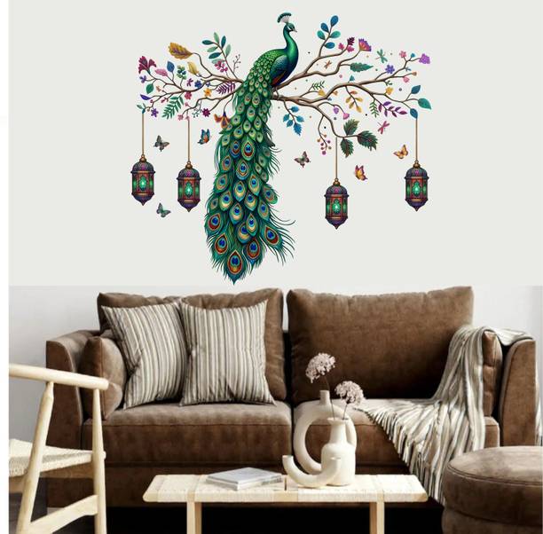 Ulmuk Big Green Peacock Wall Decal with Hanging Lantern Decorative With butterfly