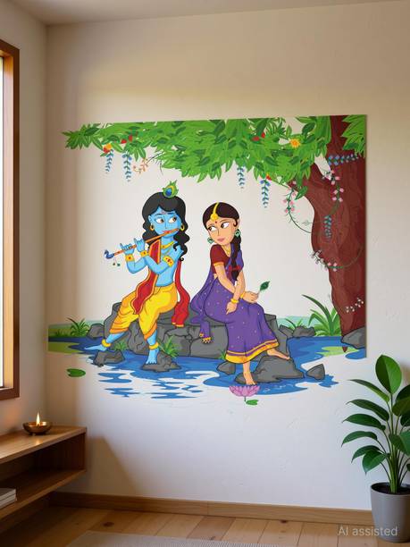 DECOR Production 91.44 cm "Lord Krishna Playing Flute with Radha on River Bed__0