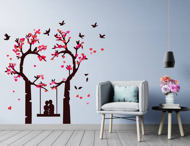 Decoration Stickers 97 cm Romantic Couple Under The Heart Leaves Tree ( PVC Vinyl, 97 X 106 )_New Self Adhesive Sticker